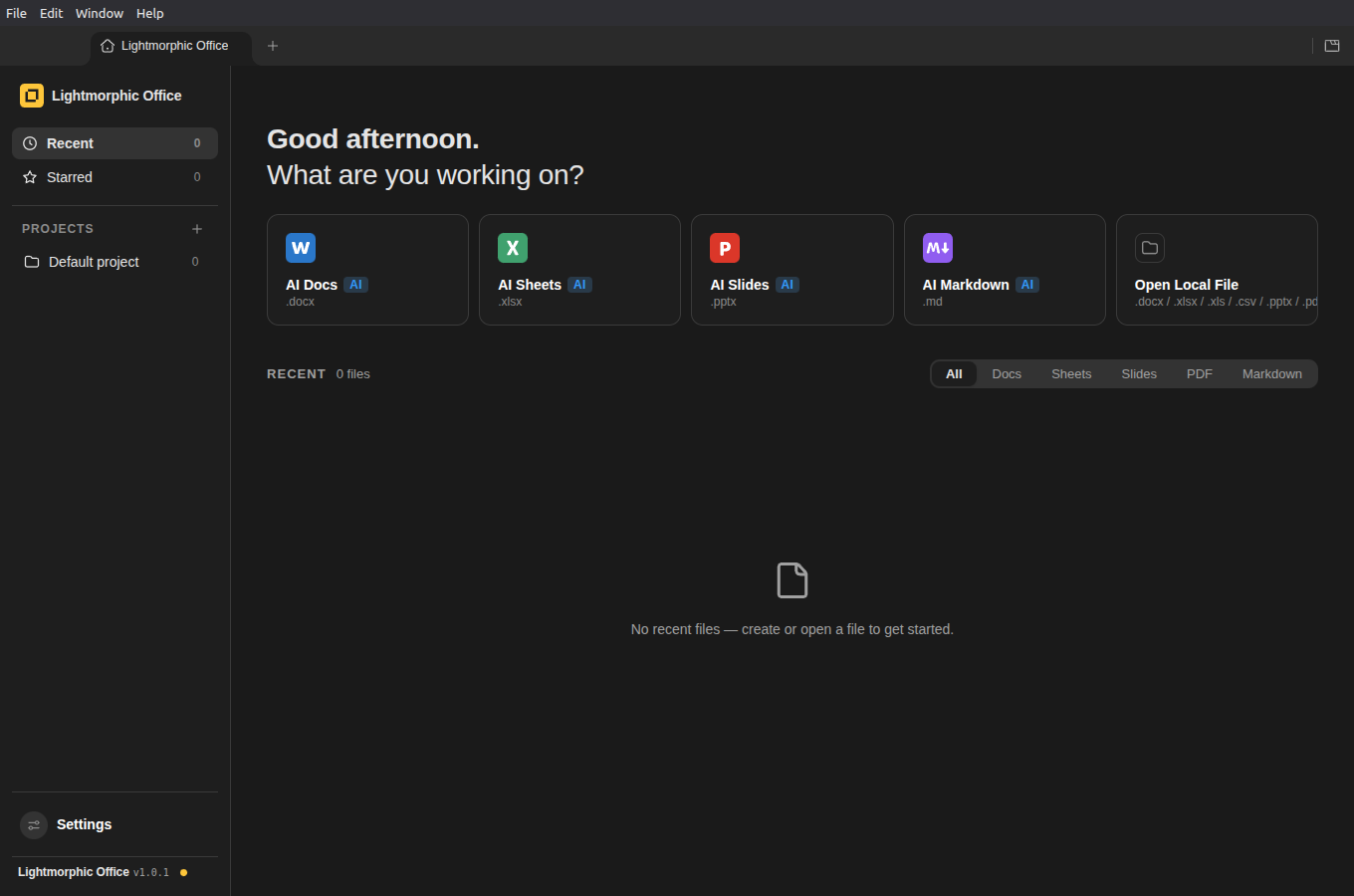 Lightmorphic Office home screen in dark mode: AI Docs, Sheets, Slides and Markdown launchers, recent files, and the version light in the sidebar